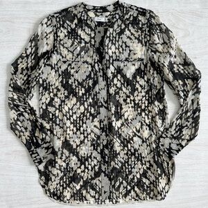 VINCE 100% Silk Sheer Snake Print Long Sleeve Button Up Blouse Top Black Beige 4
